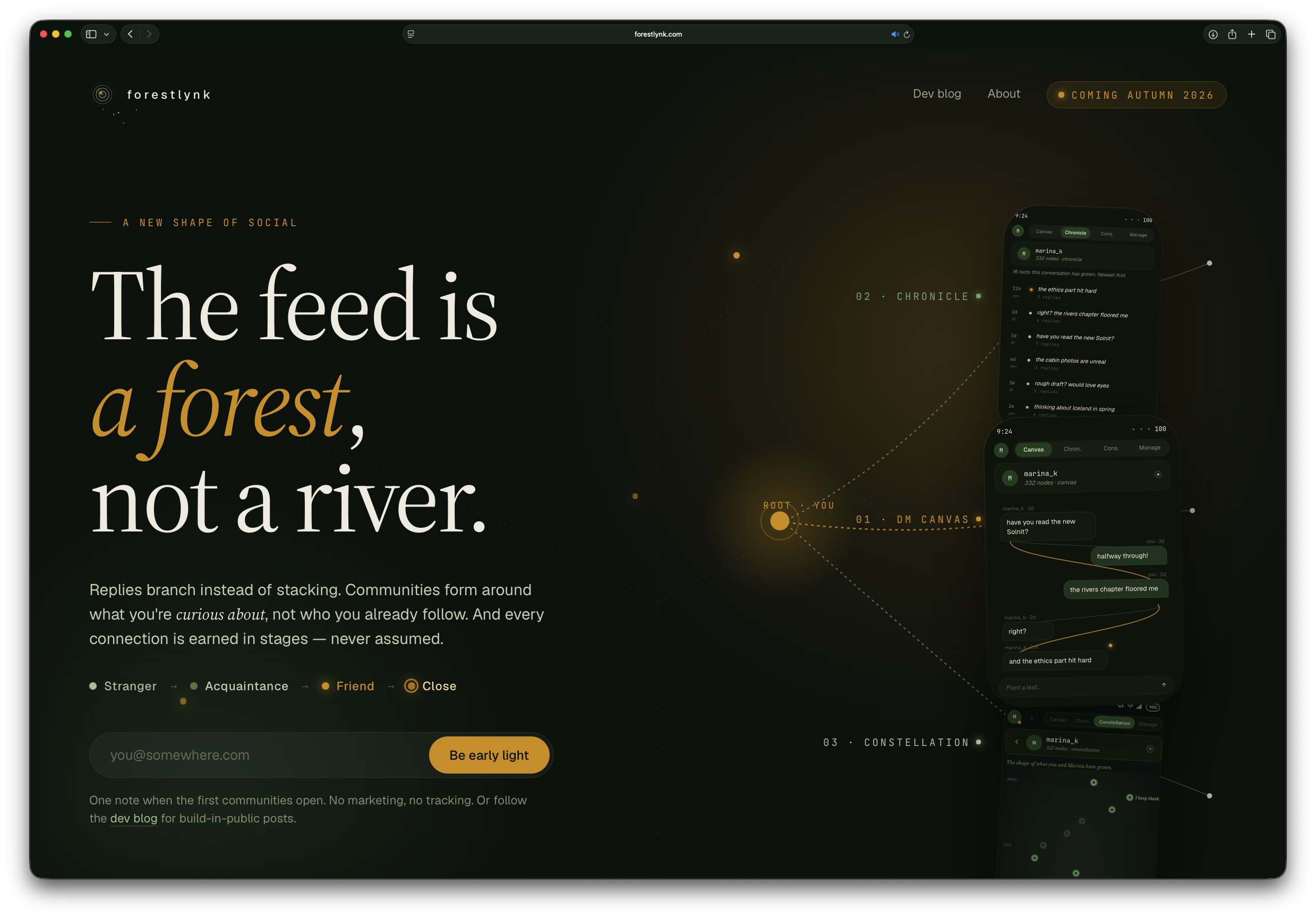 The forestlynk.com landing page on the day it went up — hero copy on the left, branching diagram on the right with chronicle, DM canvas and constellation vignettes anchored to the root node.