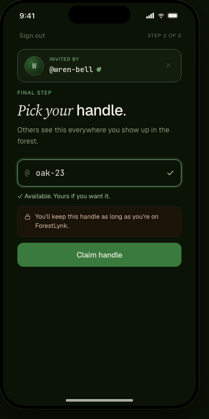 The same claim screen reached through an invite link — an 'invited by' strip with the referrer's avatar and handle sits above the headline, dismissible with a small ✕.